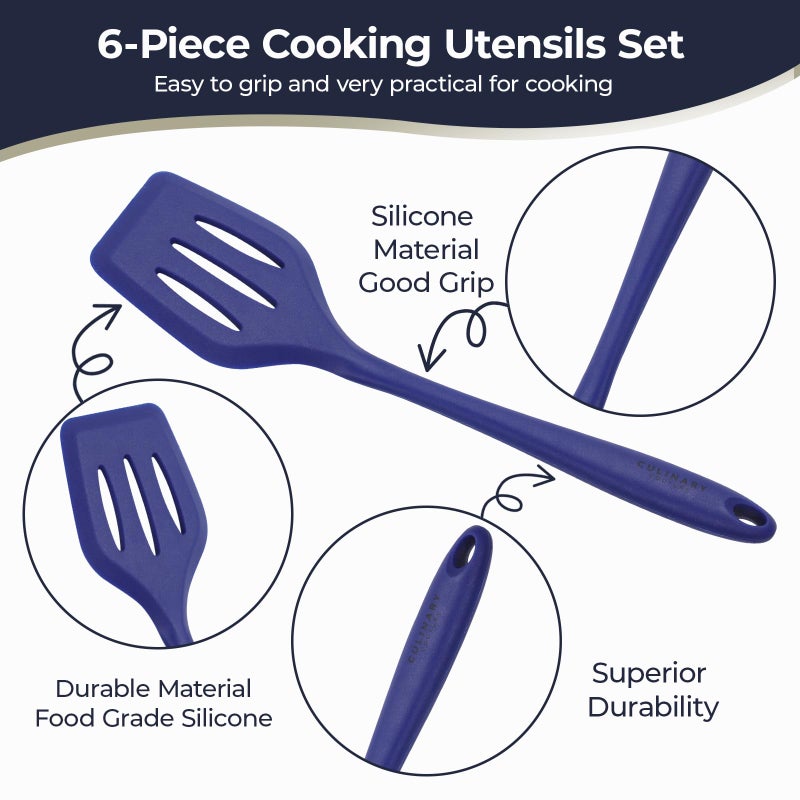 Culinary Couture Blue Silicone Kitchen Utensils Set of 6, Non-Stick Heat-Resistant Silicone Kitchen Utensils Set with Steel Inner Core - Image 2